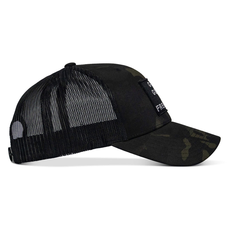 Load image into Gallery viewer, God, Guns, And Freedom Patch Mid-Profile Mesh Snapback Hat