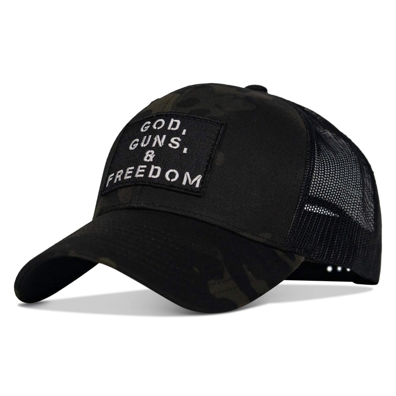 Load image into Gallery viewer, God, Guns, And Freedom Patch Mid-Profile Mesh Snapback Hat