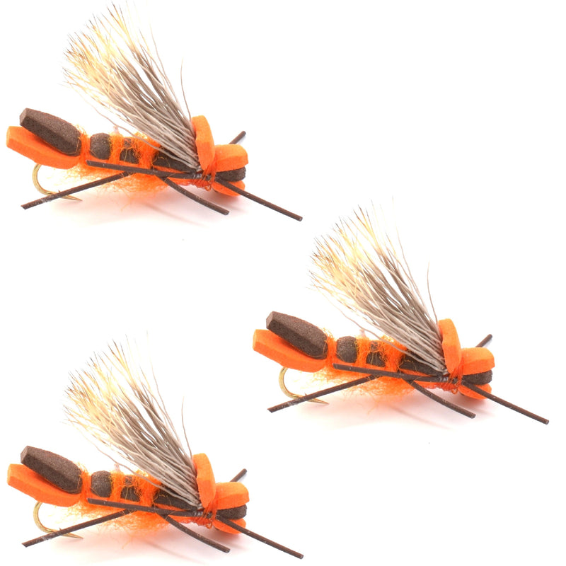 Load image into Gallery viewer, 3 Pack Orange Godzilla Hopper - Foam Grasshopper or Adult Salmonfly Fly Pattern - Hook Size 10