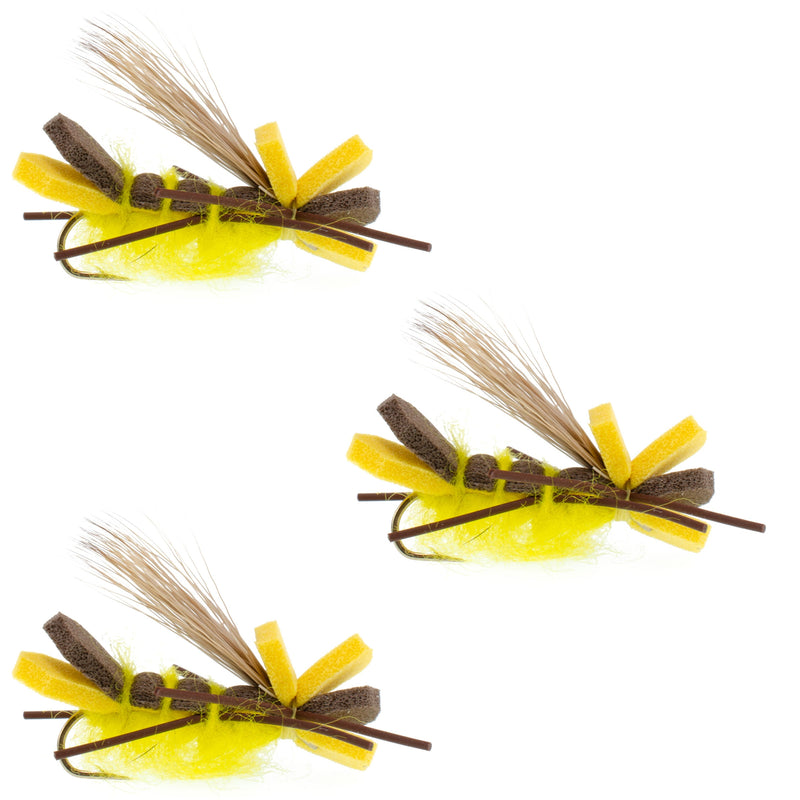 Load image into Gallery viewer, 3 Pack Yellow Godzilla Hopper - Foam Grasshopper or Adult Salmonfly Fly Pattern - Hook Size 10