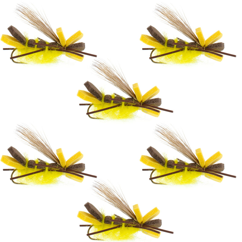 Load image into Gallery viewer, Godzilla Hopper Trout Flies - Yellow High Visibility Grasshopper or Stonefly Dry Fly - 6 Flies Hook Size 10