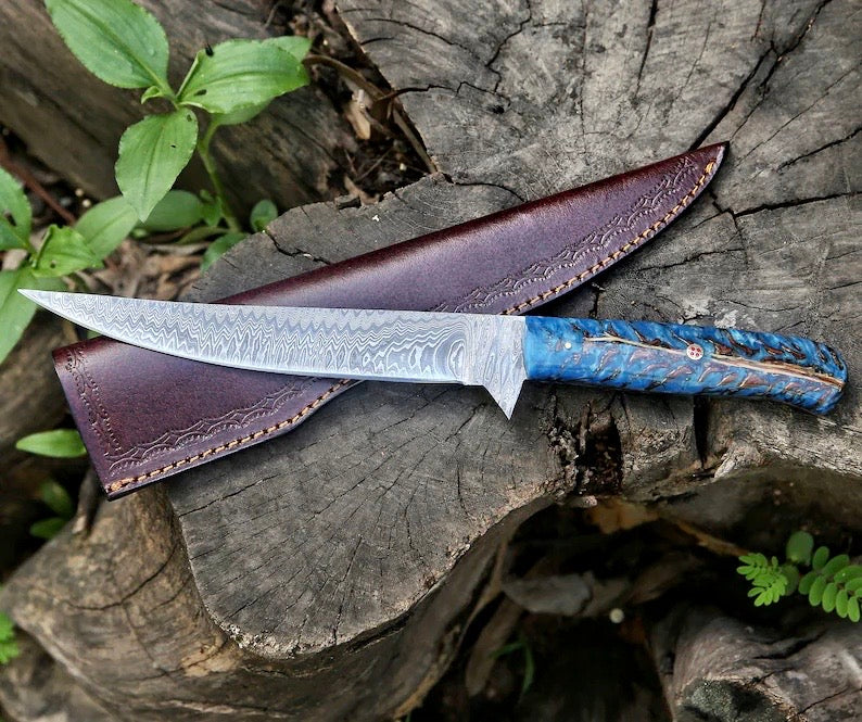 Load image into Gallery viewer, Custom Handmade Damascus Fillet Knife – 13” Pine Cone Handle with Leather Sheath