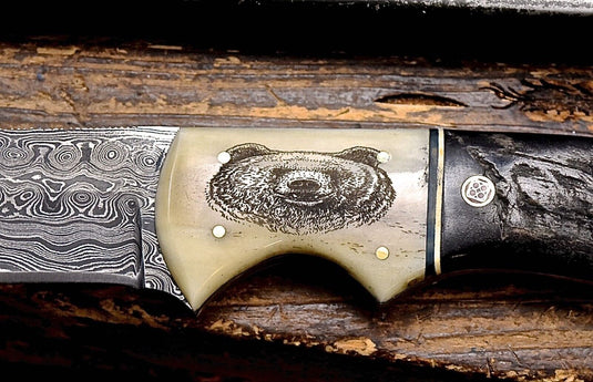 Handmade Damascus Skinning Knife with Camel Bone & Sheep Horn Handle