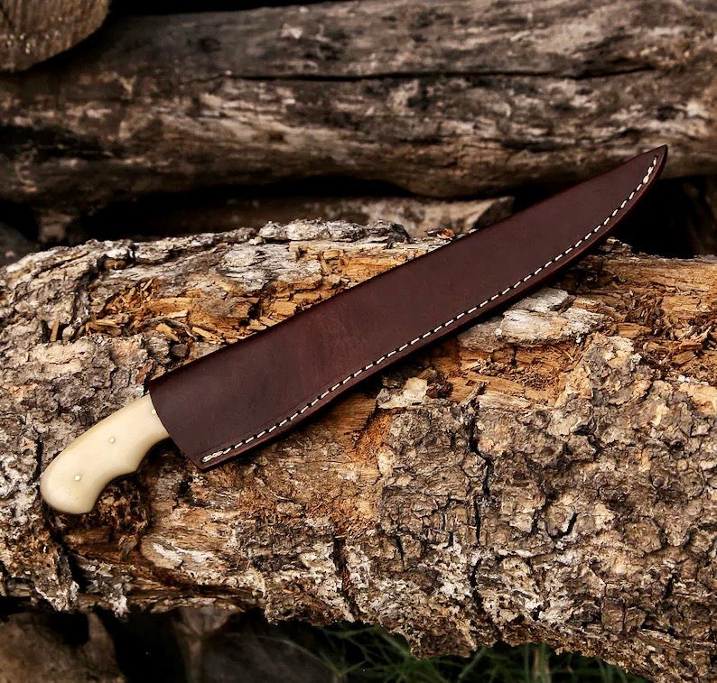 Load image into Gallery viewer, Fishing Fillet & Boning Knife – 13" Damascus Steel with Camel Bone & Rosewood Handle + Leather Sheath