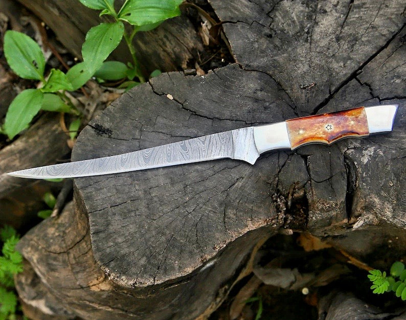 Load image into Gallery viewer, Custom Handmade Damascus Filleting Knife – 13" Camel Bone Handle with Leather Sheath