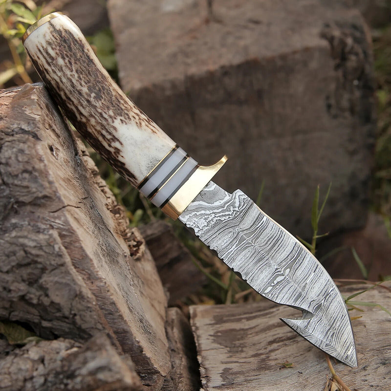Load image into Gallery viewer, Custom Handmade Damascus Steel Guthook Skinning Knife – 9" Stag Horn Handle with Brass Guard & Leather Sheath