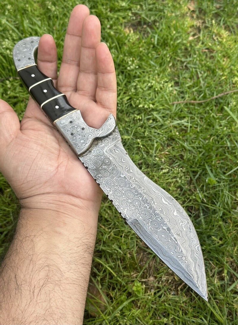 Load image into Gallery viewer, Custom Handmade 12" Damascus Steel Hunting Knife with Buffalo Horn Handle & Damascus Steel Bolster - Includes Leather Sheath