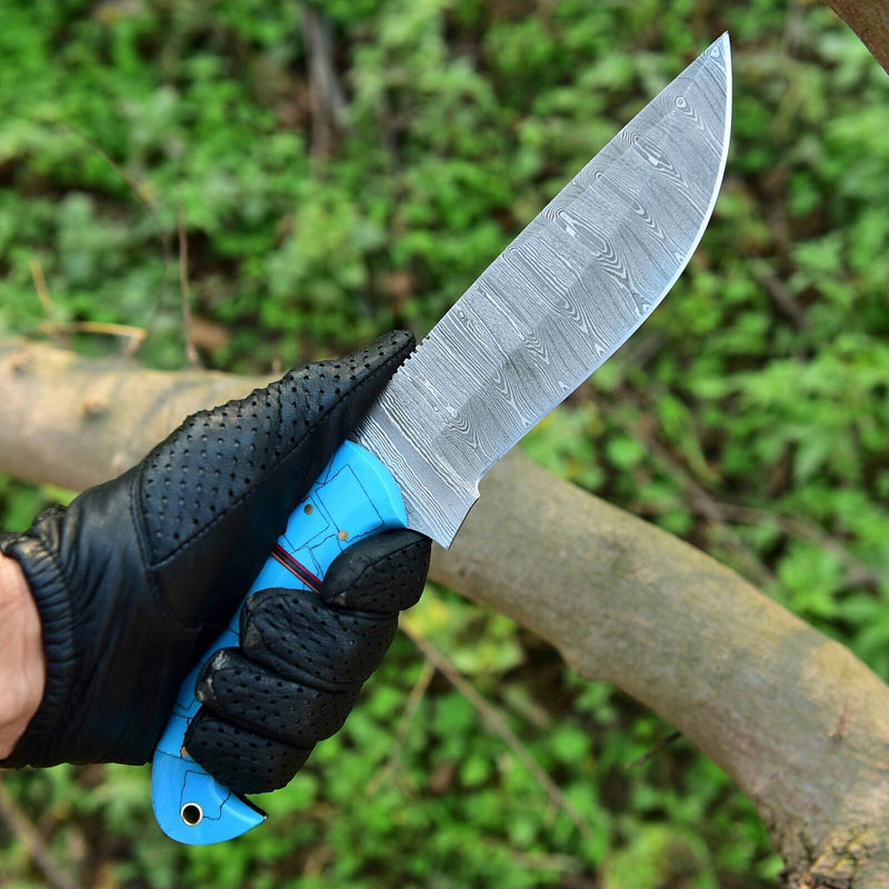 Load image into Gallery viewer, Custom Handmade Damascus Steel Hunting Knife – 10-Inch Blade with Resin Handle, Includes Leather Sheath