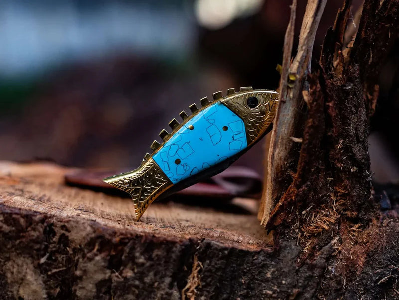 Load image into Gallery viewer, Custom Handmade Fish Style Damascus Steel Folding Knife with Epoxy Resin Handle & Brass Accents - Includes Leather Sheath