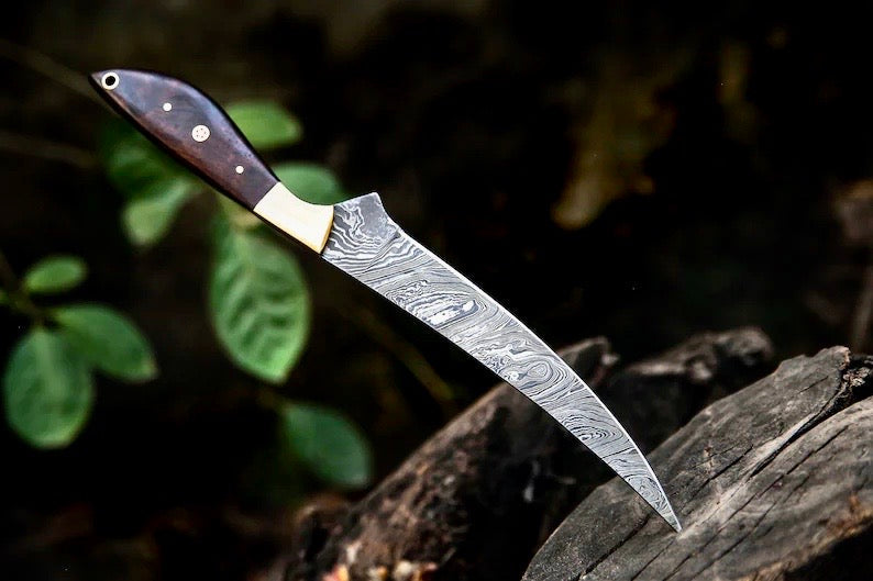 Load image into Gallery viewer, Damascus Fillet Knife – 13" Rosewood Handle & Leather Sheath