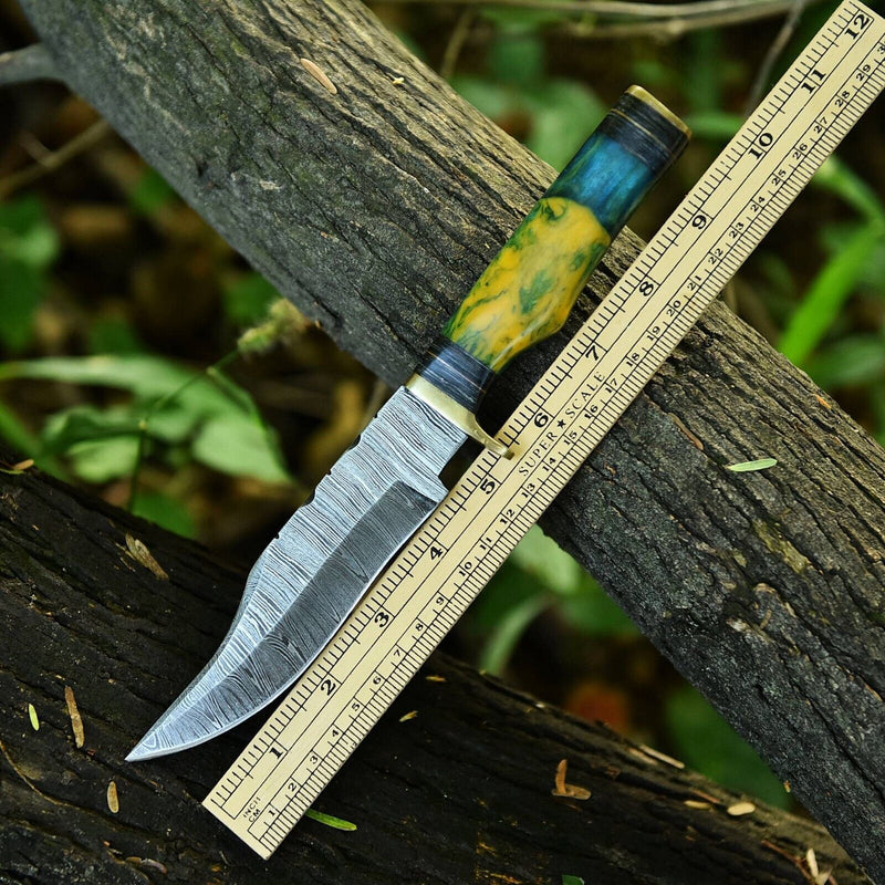 Load image into Gallery viewer, Handcrafted 10" Damascus Steel Hunting Knife with Brass Guard & Resin Pakkawood Handle – Includes Leather Sheath