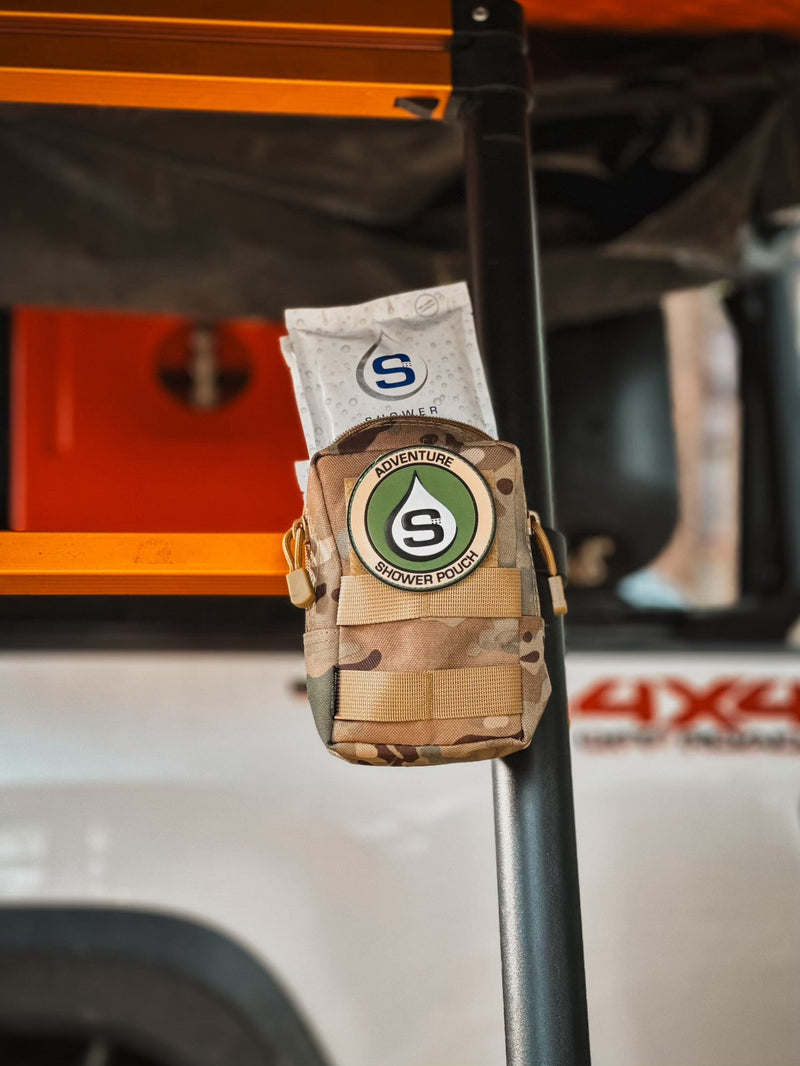 Load image into Gallery viewer, Tactical Molle Zipper Bag + Adventure Sampler Kit: 4 Shower Pouches, 1 Hand Sanitizer (80%), and 1 Deodorant