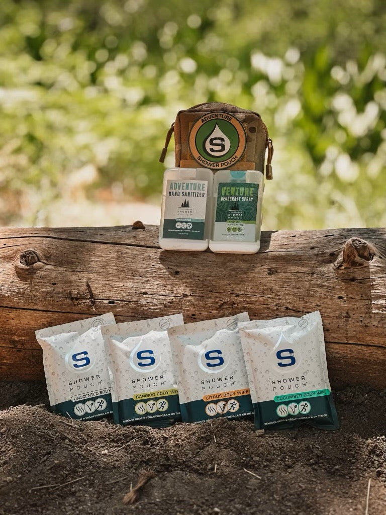 Load image into Gallery viewer, Tactical Molle Zipper Bag + Adventure Sampler Kit: 4 Shower Pouches, 1 Hand Sanitizer (80%), and 1 Deodorant