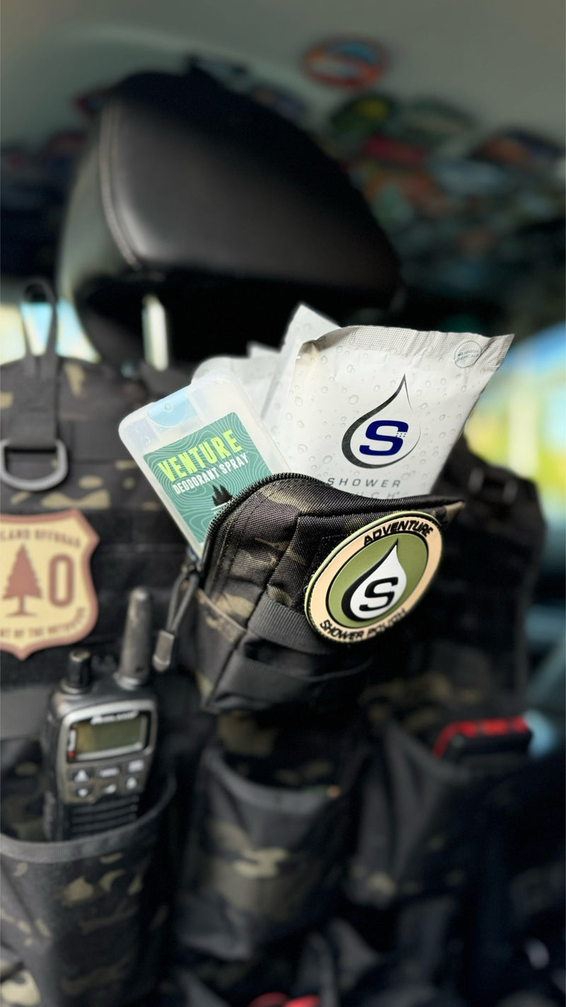 Load image into Gallery viewer, Tactical Molle Zipper Bag + Adventure Sampler Kit: 4 Shower Pouches, 1 Hand Sanitizer (80%), and 1 Deodorant