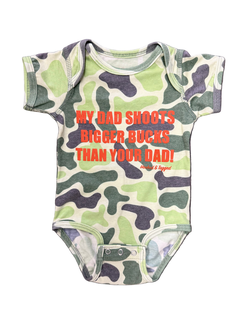 Load image into Gallery viewer, “My Dad Shoots Bigger Bucks Than Your Dad" Onesie