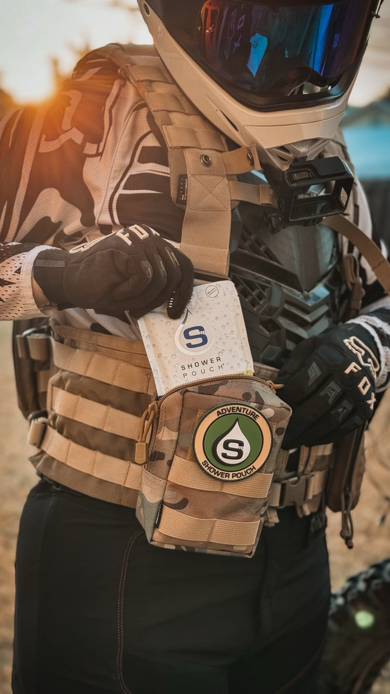 Load image into Gallery viewer, Tactical Molle Zipper Bag + Adventure Sampler Kit: 4 Shower Pouches, 1 Hand Sanitizer (80%), and 1 Deodorant