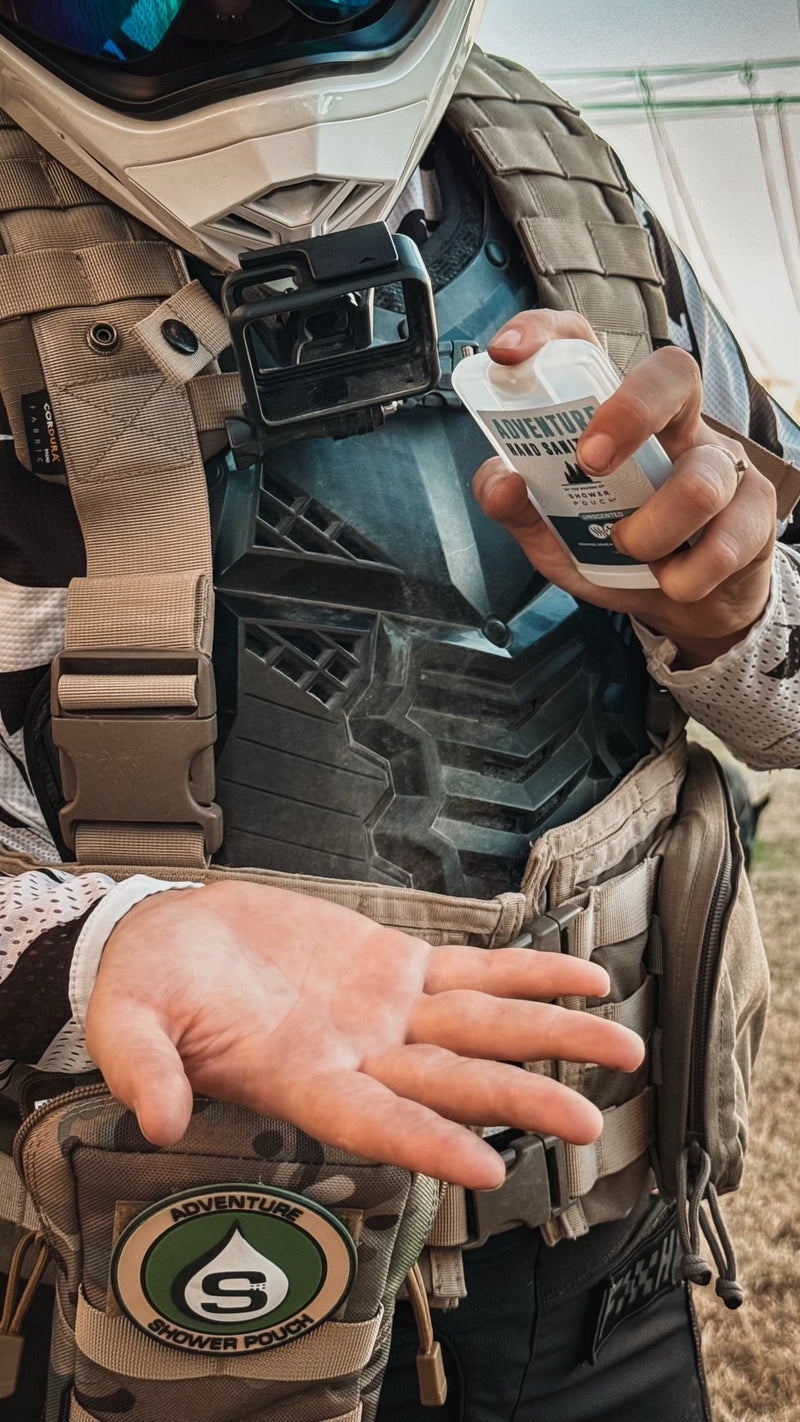 Load image into Gallery viewer, Tactical Molle Zipper Bag + Adventure Sampler Kit: 4 Shower Pouches, 1 Hand Sanitizer (80%), and 1 Deodorant