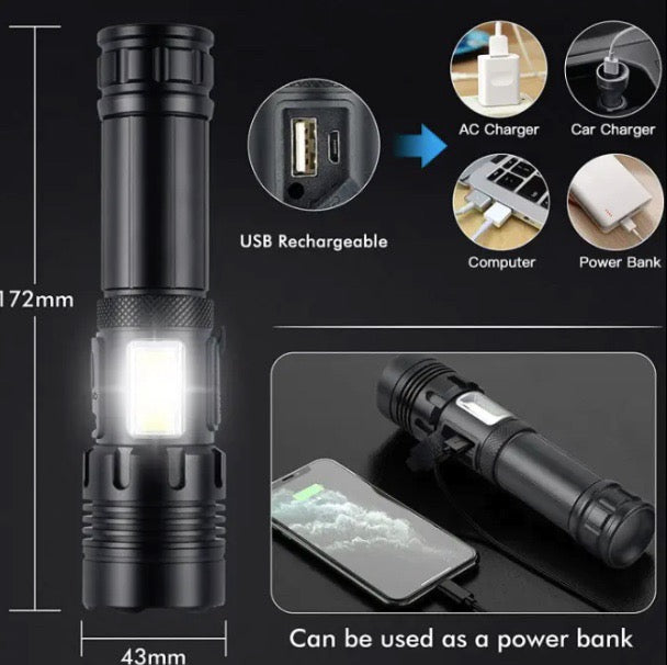Load image into Gallery viewer, High Lumen Super Bright LED Rechargeable Tactical P90 Flashlight