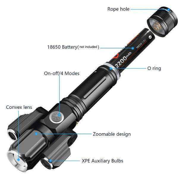 3 Head Zoomable Rechargeable LED Flashlight - Skoutley Outdoors LLC