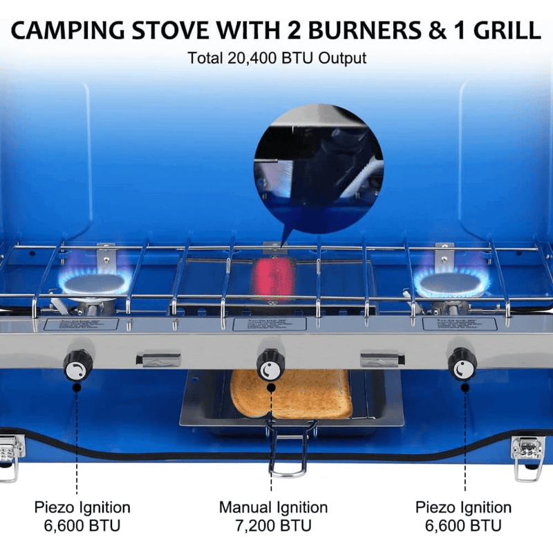 Load image into Gallery viewer, Camplux Propane Camping Stove 2 Burners & 1 Grill, 20,400 BTU Auto-Ignition