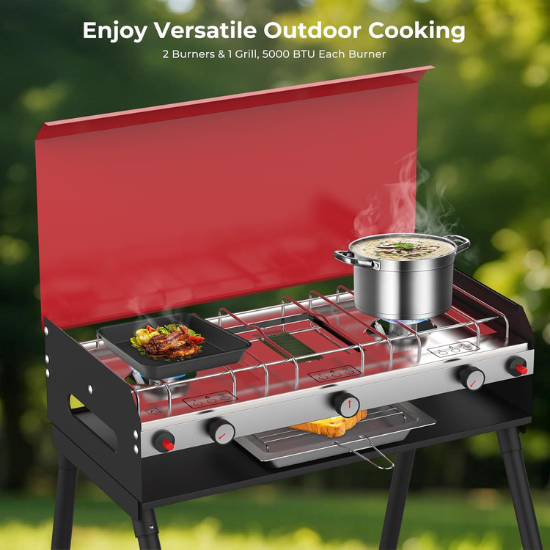 Load image into Gallery viewer, Camplux Propane Camping Stove 2 Burners & 1 Grill, 15,000 BTU Auto-Ignition