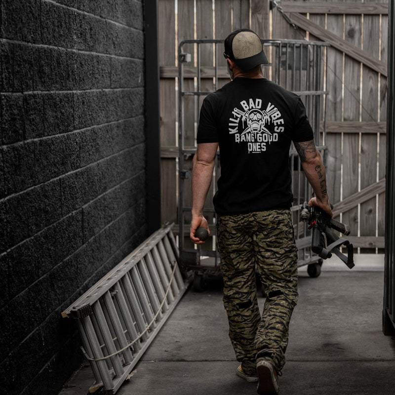 Load image into Gallery viewer, Kill Bad Vibes. Bang Good Ones Skull Men's T-Shirt