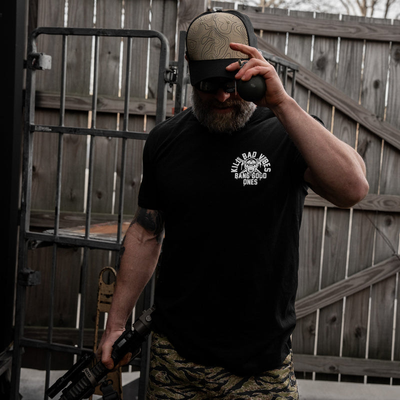 Load image into Gallery viewer, Kill Bad Vibes. Bang Good Ones Skull Men's T-Shirt