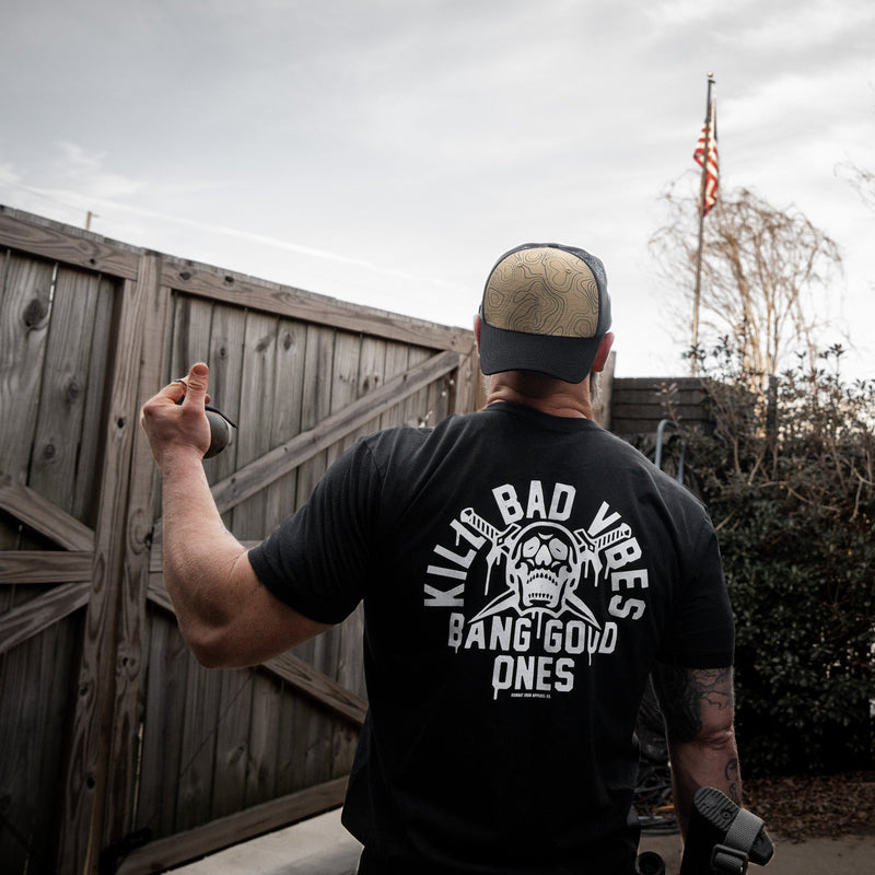 Load image into Gallery viewer, Kill Bad Vibes. Bang Good Ones Skull Men's T-Shirt