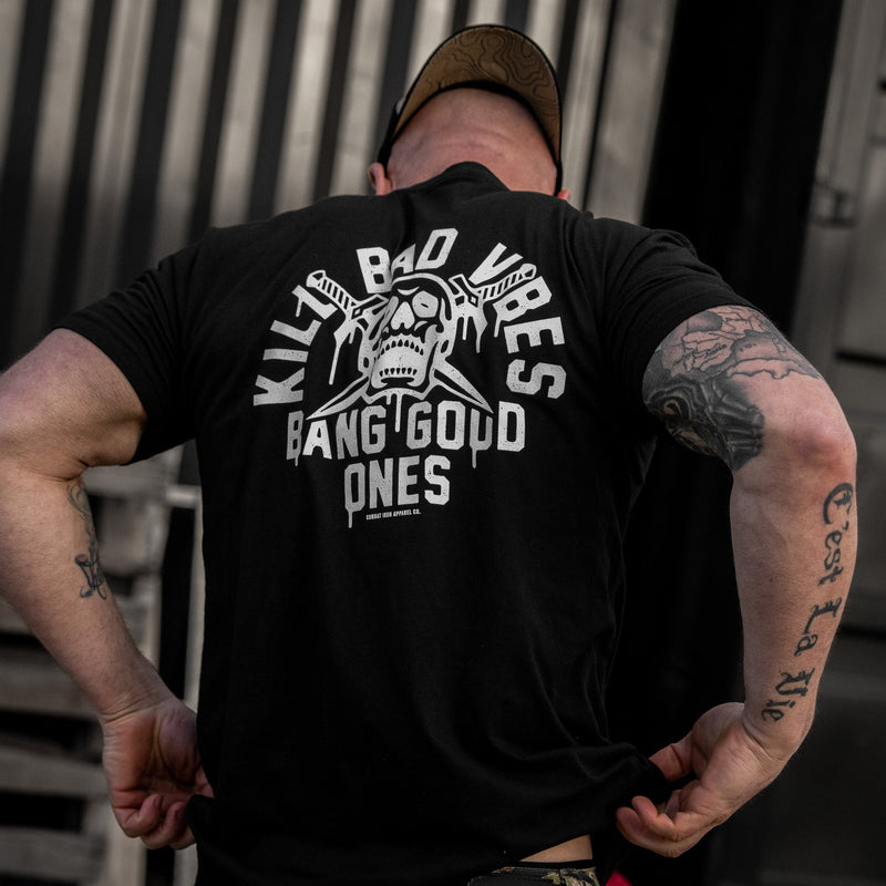 Load image into Gallery viewer, Kill Bad Vibes. Bang Good Ones Skull Men's T-Shirt