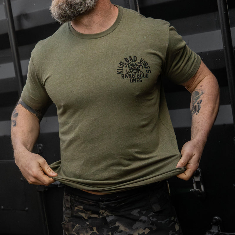 Load image into Gallery viewer, Kill Bad Vibes. Bang Good Ones Skull Men's T-Shirt