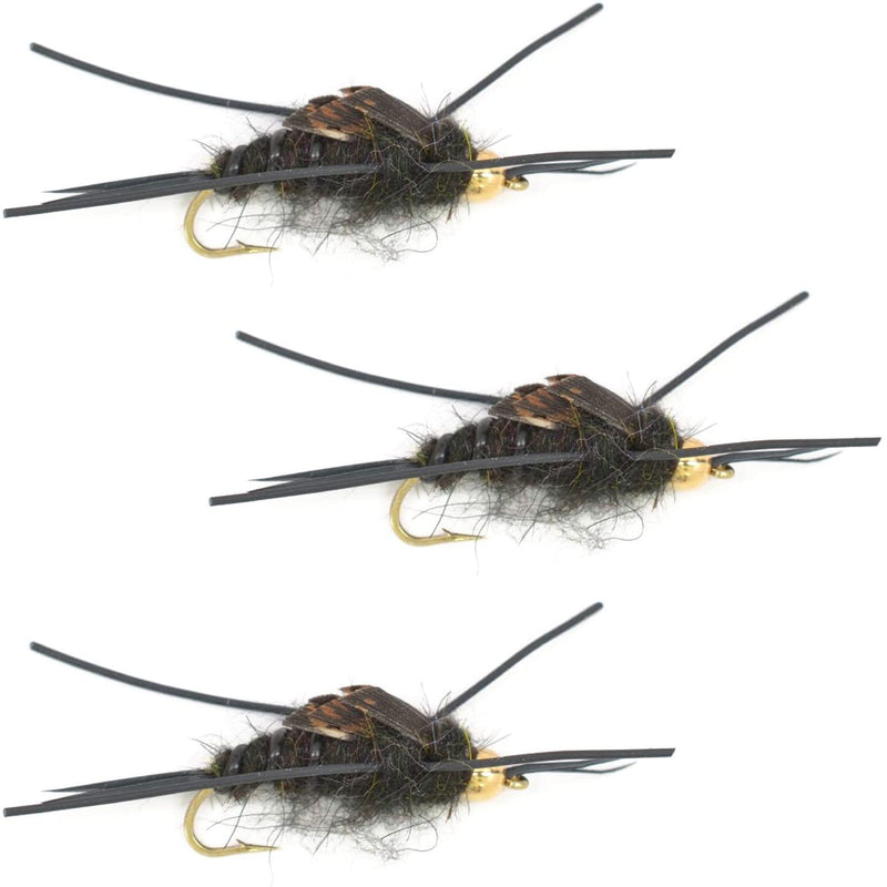 Load image into Gallery viewer, 3 Pack Tungsten Bead Kaufmann's Black Stone Fly with Rubber Legs - Stonefly Wet Fly - Hook Size 12