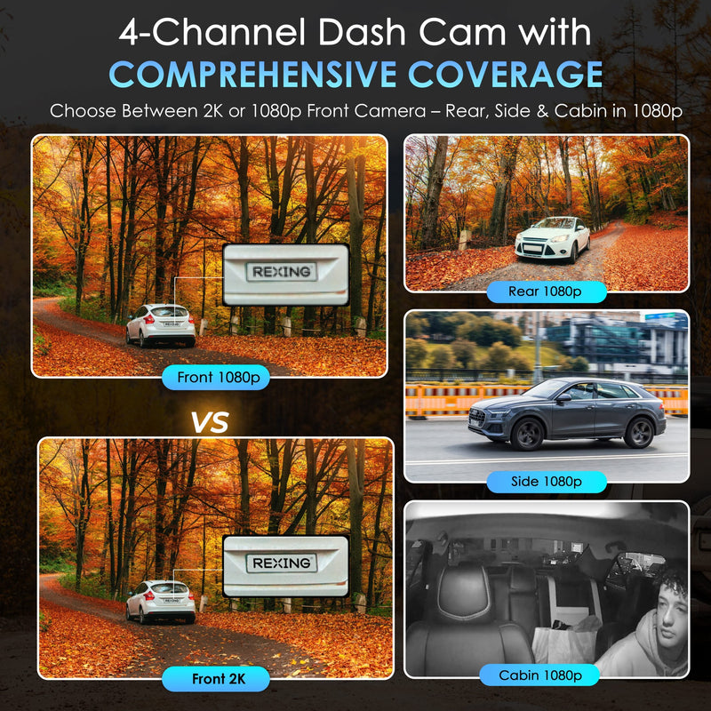 Load image into Gallery viewer, Rexing L4 Series 4-Channel Dash Cams with Ultra-Wide Angle, Wi-Fi, Night Vision, and GPS, App Control, Loop Recording, Collision Sensor