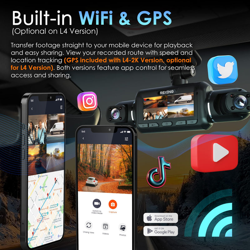 Load image into Gallery viewer, Rexing L4 Series 4-Channel Dash Cams with Ultra-Wide Angle, Wi-Fi, Night Vision, and GPS, App Control, Loop Recording, Collision Sensor