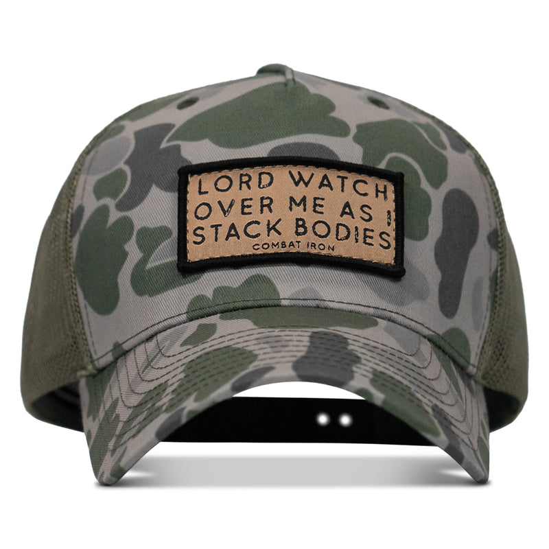 Load image into Gallery viewer, Lord Watch Over Me As I Stack Bodies Tan Patch Snapback Hat