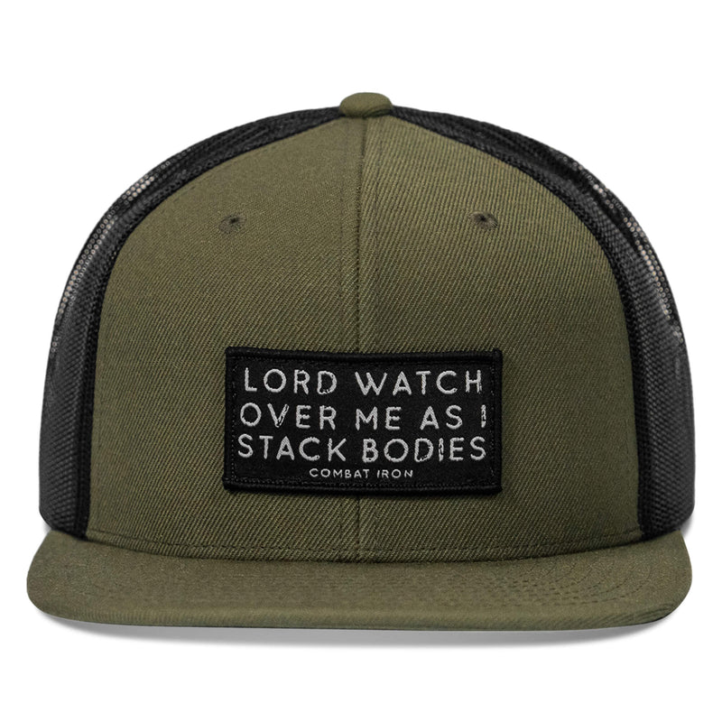 Load image into Gallery viewer, Lord Watch Over Me As I Stack Bodies Patch Flatbill SnapBack Hat