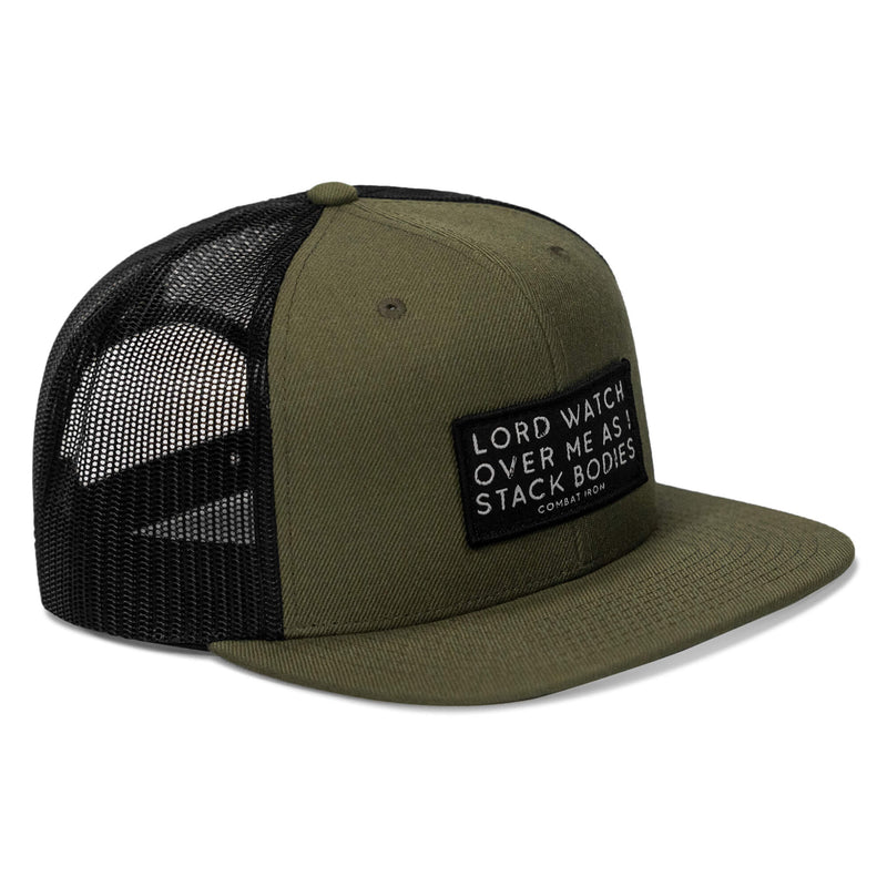 Load image into Gallery viewer, Lord Watch Over Me As I Stack Bodies Patch Flatbill SnapBack Hat