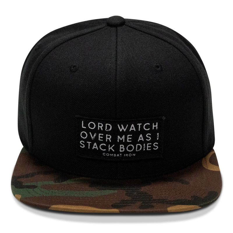 Load image into Gallery viewer, Lord Watch Over Me As I Stack Bodies Patch Flatbill SnapBack Hat
