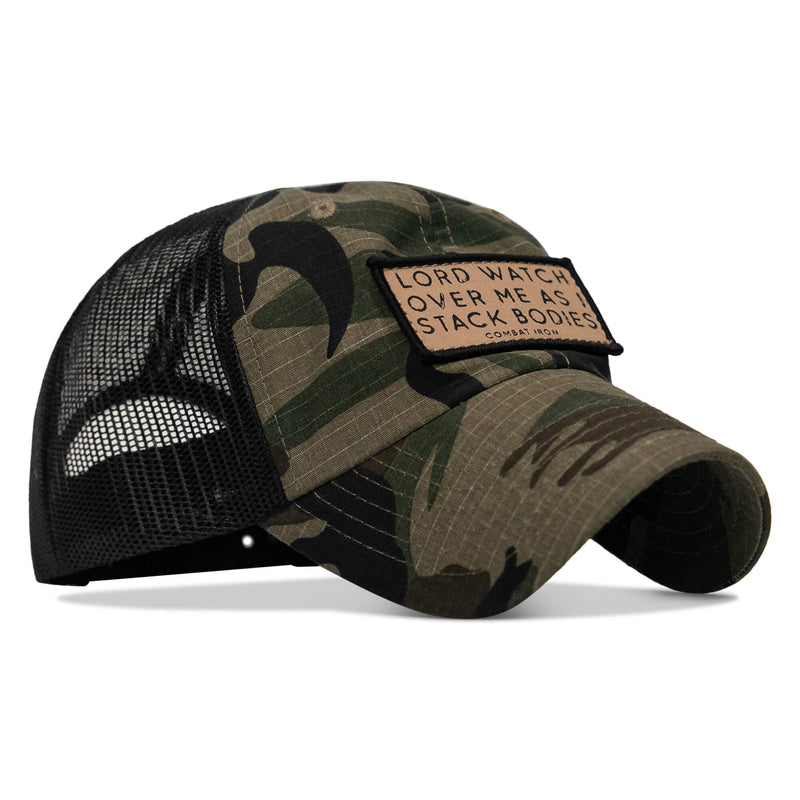 Load image into Gallery viewer, Lord Watch Over Me As I Stack Bodies Tan Patch Tactical Ripstop Mesh Snapback Hat