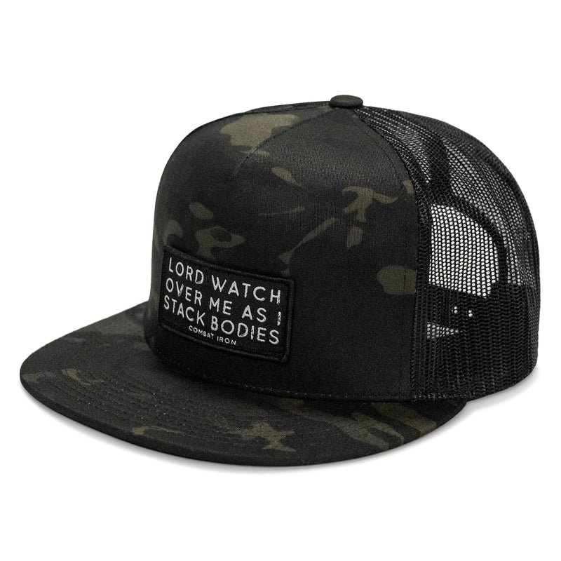 Load image into Gallery viewer, Lord Watch Over Me As I Stack Bodies Patch Flatbill SnapBack Hat