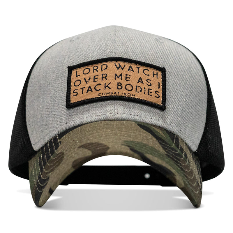 Load image into Gallery viewer, Lord Watch Over Me As I Stack Bodies Tan Patch Snapback Hat