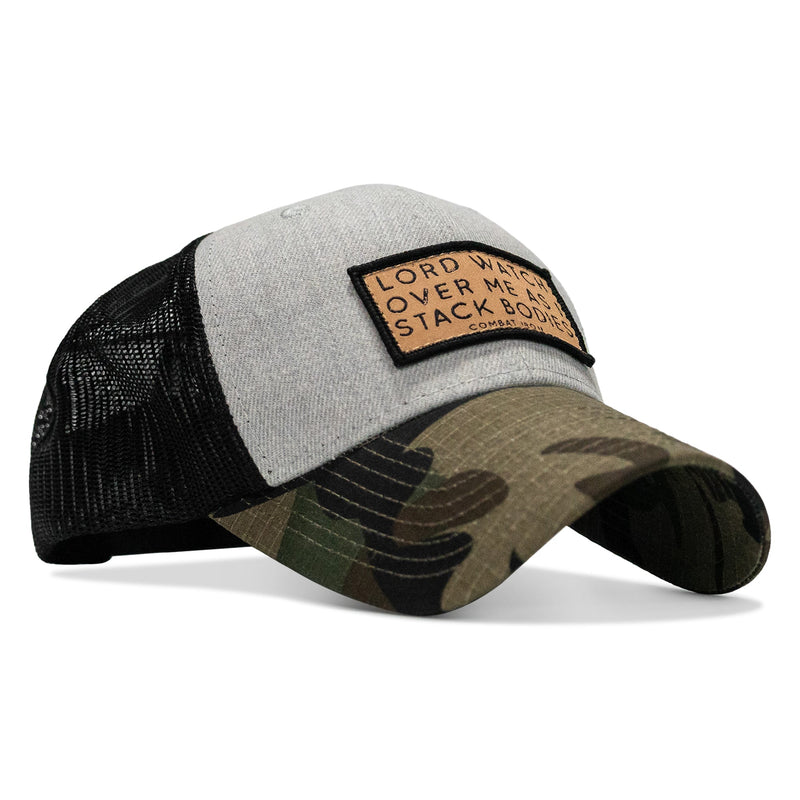 Load image into Gallery viewer, Lord Watch Over Me As I Stack Bodies Tan Patch Snapback Hat