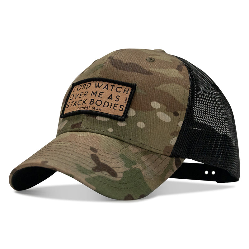 Load image into Gallery viewer, Lord Watch Over Me As I Stack Bodies Tan Patch Snapback Hat