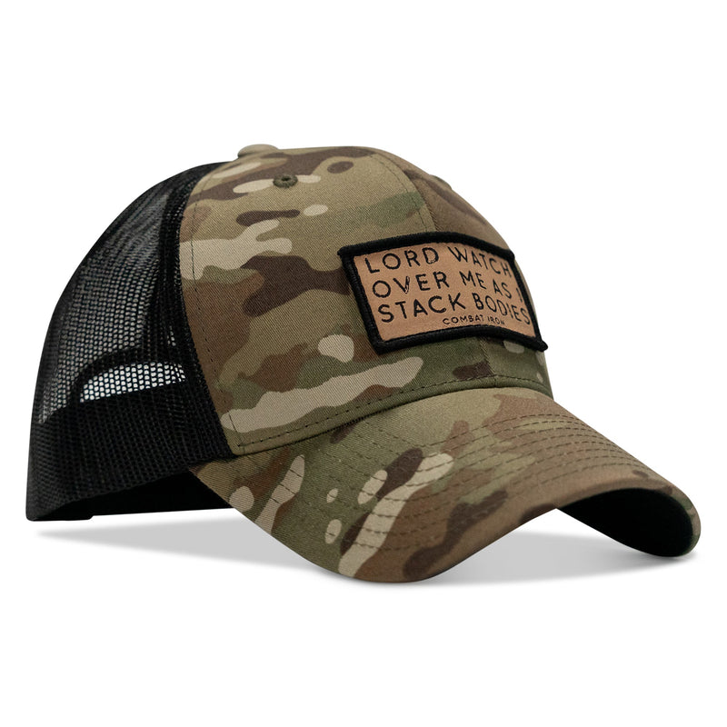 Load image into Gallery viewer, Lord Watch Over Me As I Stack Bodies Tan Patch Snapback Hat