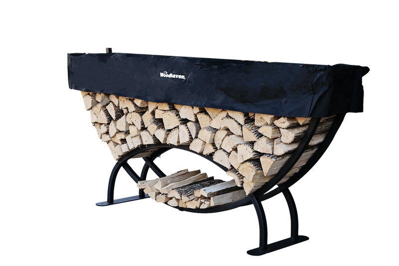 Load image into Gallery viewer, 8 ft Large Crescent Steel Firewood Rack with Seasoning Cover Woodhaven
