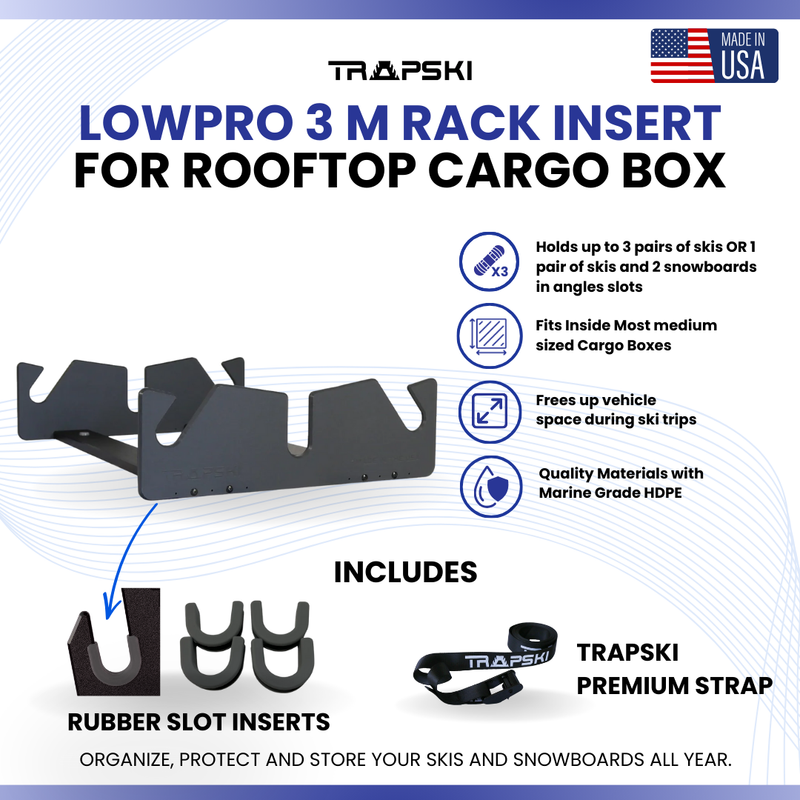 Load image into Gallery viewer, TRAPSKI LowPro 3 M Ski and Snowboard Rack Insert for Rooftop Cargo Box | High Quality Marine Grade HDPE Plastic | UV Protected | Premium Strap Included | 3 Year Warranty | Made in the USA