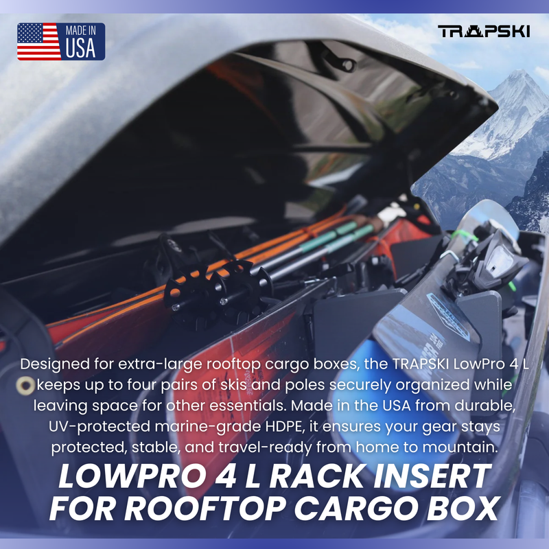 Load image into Gallery viewer, TRAPSKI LowPro 4 L Ski and Snowboard Rack Insert for Rooftop Cargo Box | High Quality Marine Grade HDPE Plastic | Premium Strap Included | 3 Year Warranty | Made in the USA | Veteran Owned Business