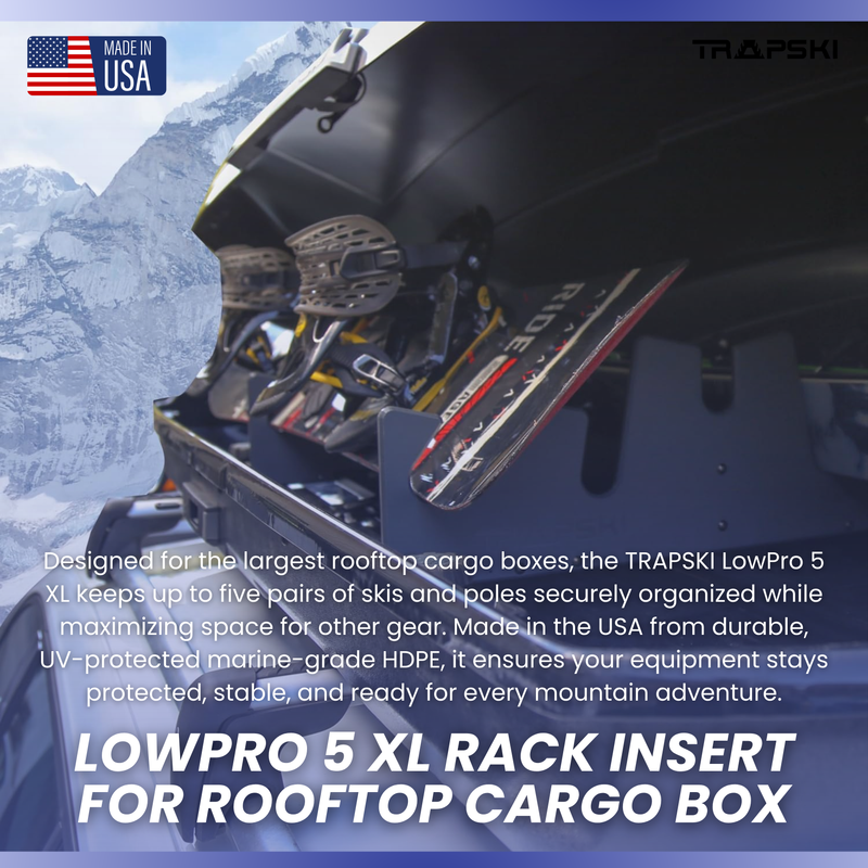 Load image into Gallery viewer, TRAPSKI LowPro 5 XL Ski and Snowboard Rack Insert for Rooftop Cargo Box | High Quality Marine Grade HDPE Plastic | Premium Strap Included | 3 Year Warranty | Made in the USA | Veteran Owned Business