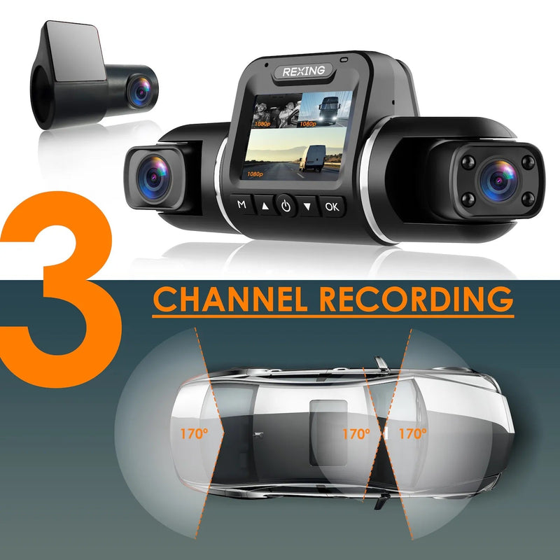 Load image into Gallery viewer, Rexing V2 PRO AI Dash Cam, 3-Channel Front/Cabin/Rear 1080p Recording with Wi-Fi and GPS