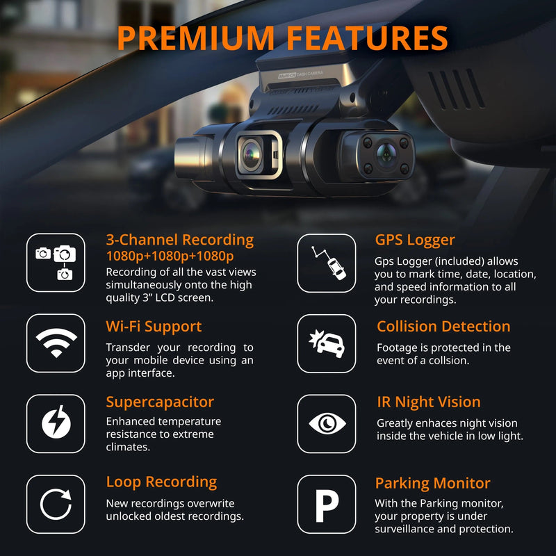 Load image into Gallery viewer, Rexing S3 3-Channel Dash Cam Front, Cabin, Sides 1080P+1080p+1080p with Wi-Fi and GPS