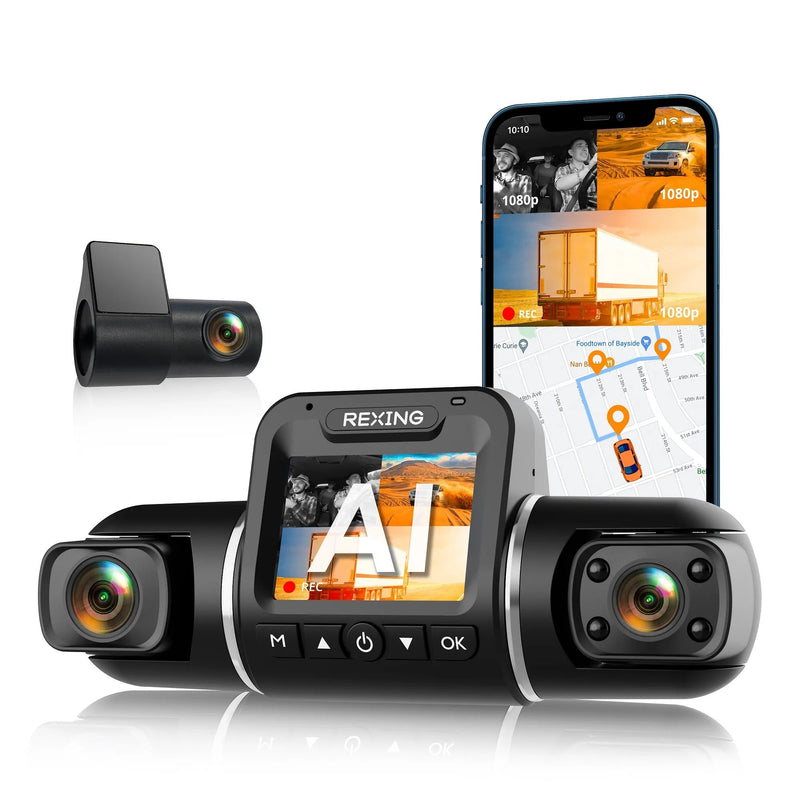 Load image into Gallery viewer, Rexing V2 PRO AI Dash Cam, 3-Channel Front/Cabin/Rear 1080p Recording with Wi-Fi and GPS